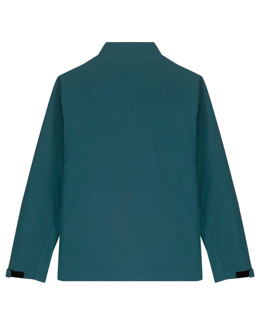 Back view of a MyNeedsAreSimple STJM167 Stanley/Stella Navigator Men's Non-Hooded Softshell jacket in teal with a simple collar and black cuffs, displayed on a white background.