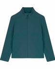 Men's teal STJM167 Stanley/Stella Navigator non-hooded softshell jacket with a mandarin collar and long sleeves, displayed against a plain background by MyNeedsAreSimple.