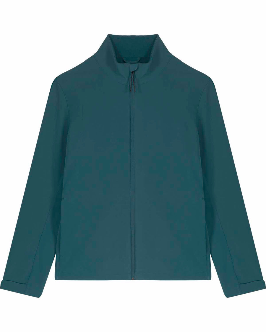 Men's teal STJM167 Stanley/Stella Navigator non-hooded softshell jacket with a mandarin collar and long sleeves, displayed against a plain background by MyNeedsAreSimple.