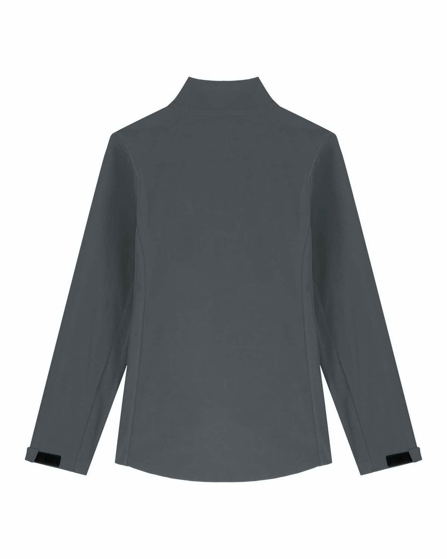 A MyNeedsAreSimple STJW166 Stanley/Stella Navigator Women’s Non-Hooded Softshell jacket displayed from the back with visible seams and black-lined cuffs, isolated on a white background.