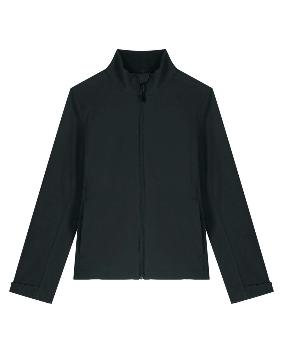 A black zip-up MyNeedsAreSimple STJW166 Stanley/Stella Navigator Women’s Non-Hooded Softshell with a high collar, displayed on a plain white background.