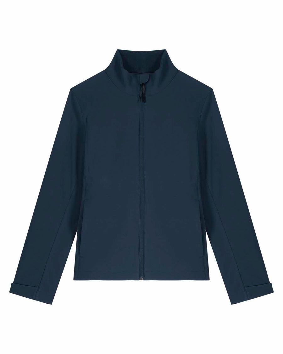 Navy blue women's STJW166 Stanley/Stella Navigator Non-Hooded Softshell jacket with a full zipper and a stand-up collar, displayed against a plain white background by MyNeedsAreSimple.