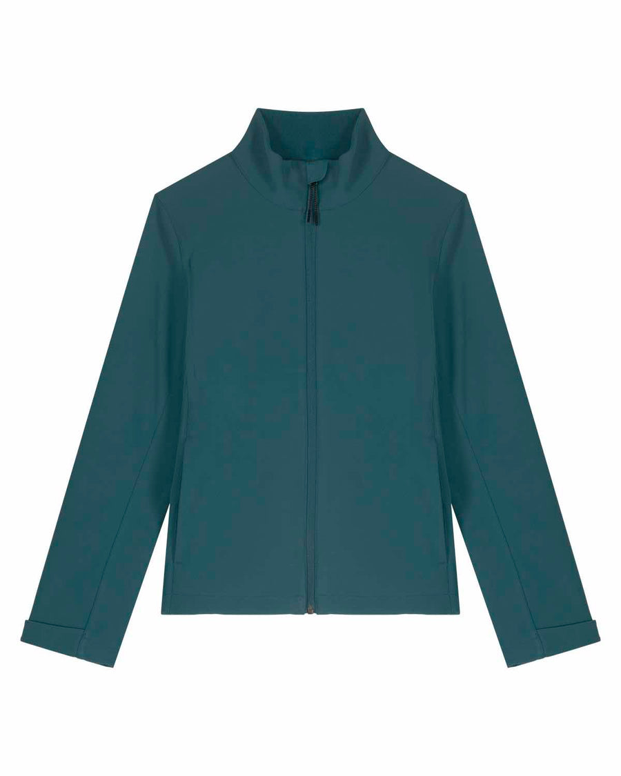 Women's STJW166 Stanley/Stella Navigator Non-Hooded Softshell Jacket with a high collar and full-length zipper on a plain background by MyNeedsAreSimple.