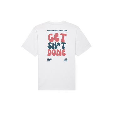 White STTU788 Stanley/Stella Freestyler Heavy Organic Cotton Unisex T-Shirt with the phrase "get sh*t done" in colorful letters on the back, and additional text "5000 youth leaders & peer train squad ltd est 2023