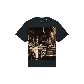A navy blue unisex STTU171 Stanley/Stella Sparker 2.0 Black (C002) t-shirt featuring a black and white graphic print of a bustling city street scene with vintage cars and skyscrapers, made from organic carded cotton.