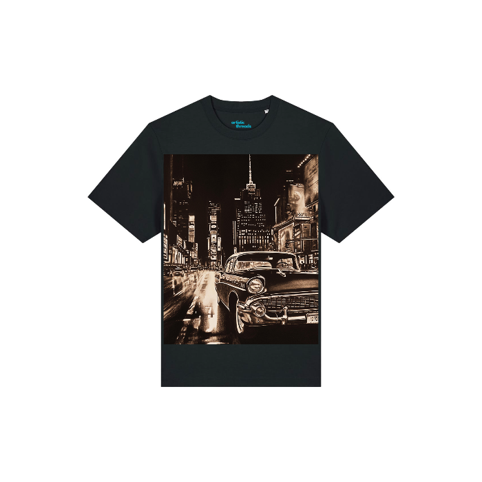 A navy blue unisex STTU171 Stanley/Stella Sparker 2.0 Black (C002) t-shirt featuring a black and white graphic print of a bustling city street scene with vintage cars and skyscrapers, made from organic carded cotton.