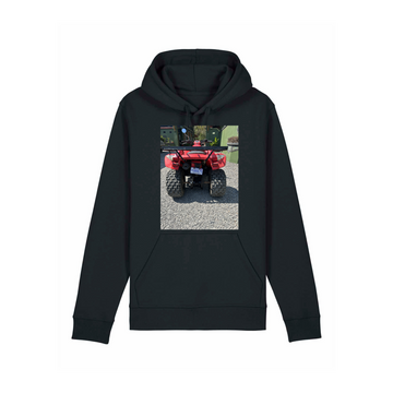 The STSU168 Stanley/Stella Drummer 2.0 Hoodie Black (C002) crafted from organic cotton and recycled polyester, featuring a large front graphic depicting the rear view of a red ATV parked on a gravel surface.