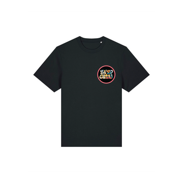 Stanley/Stella STTU171 Stanley/Stella Sparker 2.0 Black (C002) short-sleeve unisex heavy t-shirt made from organic carded cotton, featuring a small, colorful graphic logo on the left chest area with the words "Keep Calm" inside a circular design.