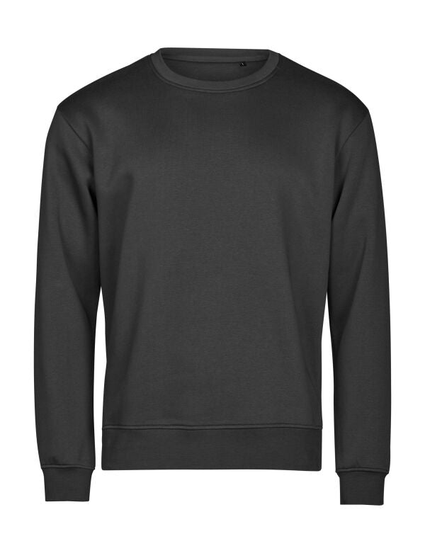 The MyNeedsAreSimple Tee Jays Urban Sweatshirt 5150 is a plain black, label-free sweatshirt made from organic cotton with long sleeves, a crew neck, and ribbed cuffs and hem, shown on a white background.