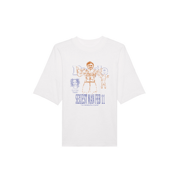 A white Stanley/Stella Blaster Oversized High Neck Organic Cotton Unisex T-Shirt with an image of a man and a woman.