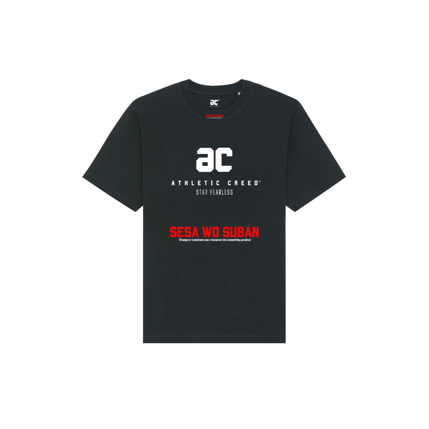 Answer: Stanley/Stella Black heavy weight T-shirt with white and red text graphics on the front displaying a logo and the phrases "athletic creed" and "stay fearless".