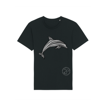 Organic cotton Stanley/Stella Rocker black T-shirt with a white dolphin graphic on the chest and a small circular logo at the bottom right.