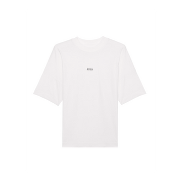 White STTU815 Stanley/Stella Blaster Oversized High Neck Organic Cotton Unisex T-Shirt made from organic ring-spun cotton, with the text "MEA JAX" in small, black letters centered on the chest by Stanley/Stella.