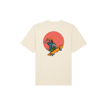 Beige STTU788 Stanley/Stella Freestyler Heavy Organic Cotton Unisex T-Shirt featuring a graphic of a skeleton riding a skateboard in front of a red circle on the back, made from 100% organic cotton single jersey by Stanley/Stella.