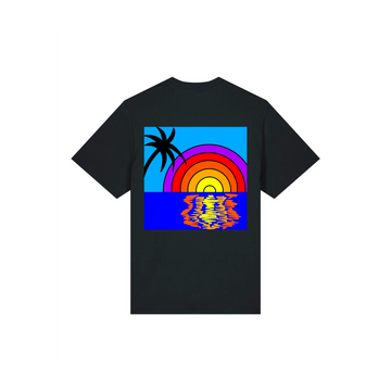 Black unisex STTU171 Stanley/Stella Sparker 2.0 t-shirt with a colorful retro-style sunset and palm tree design on the back, made from 100% organic single jersey.
