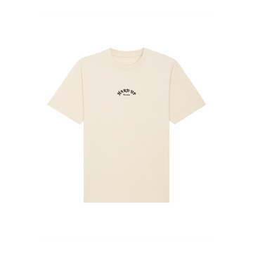 A STTU788 Stanley/Stella Freestyler Heavy Organic Cotton Unisex T-shirt with a black logo on it, made from single jersey organic cotton.