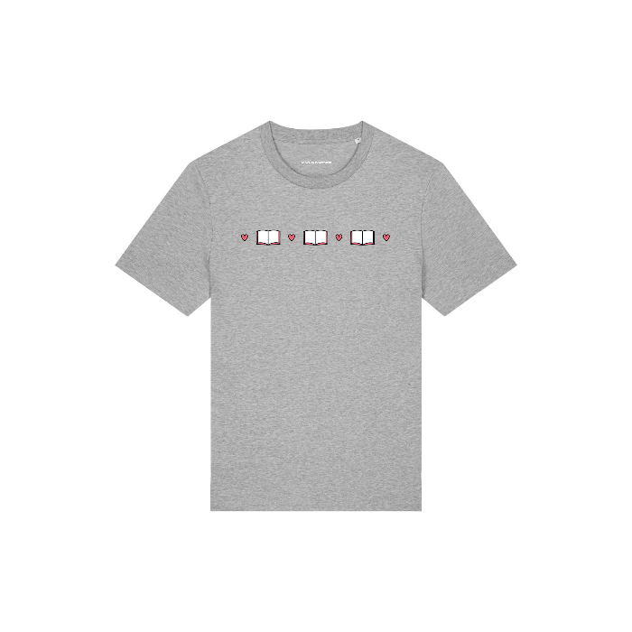 Gray unisex STTU169 Stanley/Stella Creator 2.0 Heather Grey (C250) made from organic cotton, featuring a graphic design on the front with two open books separated by four small red hearts.