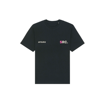 A black Stanley/Stella T-shirt made of organic cotton with the word bcc on it.