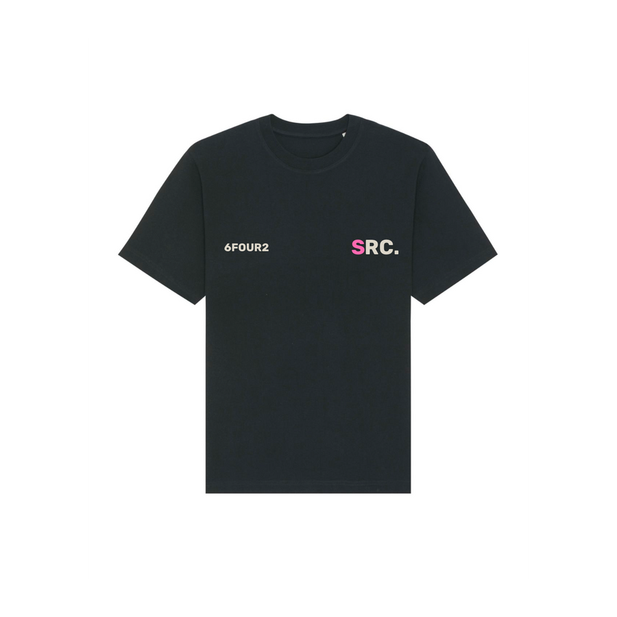 A black Stanley/Stella T-shirt made of organic cotton with the word bcc on it.