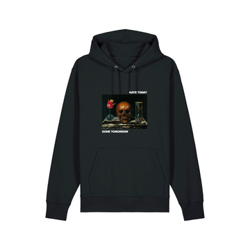 Unisex STSU177 Stella/Stella Cruiser 2.0 Black (C002) hoodie with a graphic print featuring a skull and text "hate today / gone tomorrow" on the front, made from organic ring-spun combed cotton and soft brushed fleece interior.