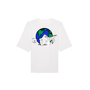 White unisex STTU815 Stanley/Stella Blaster Oversized High Neck Organic Cotton Unisex T-Shirt featuring an illustration of a globe reading a newspaper, with a map and green and blue colors on the globe. Made from 100% organic ring-spun combed cotton single jersey for ultimate comfort and style.