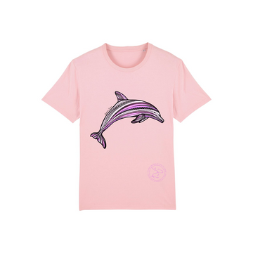 Unisex Stanley/Stella Rocker Cotton Pink (C005) t-shirt with a black-and-white dolphin graphic design.