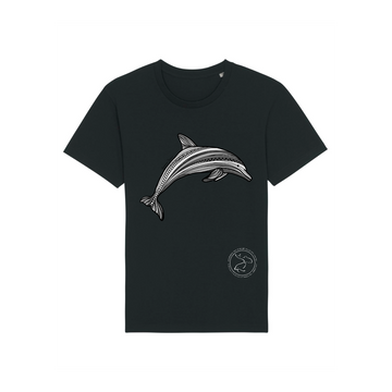 A Stanley/Stella Rocker Black (C002) unisex t-shirt with a dolphin on it.