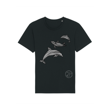 Stanley/Stella Rocker Black unisex t-shirt with a graphic of three stylized dolphins in various jumping poses, located on the upper left side, and a small circular logo on the bottom right.