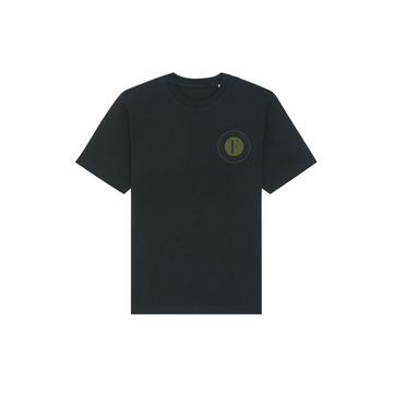 Unisex black STTU788 Stanley/Stella Freestyler Heavy Organic Cotton T-shirt with a round emblem on the chest.