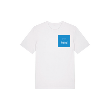 Unisex STTU169 Stanley/Stella Creator 2.0 White (C001) t-shirt with a blue square graphic and the word "settled" on the chest, made from organic cotton.