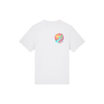 White Stanley/Stella STTU171 Sparker 2.0 White (C001) unisex heavy T-shirt with a colorful graphic of a sunset, palm trees, and a wave on the upper left chest area. Made from 215 GSM organic carded cotton for durability and comfort.