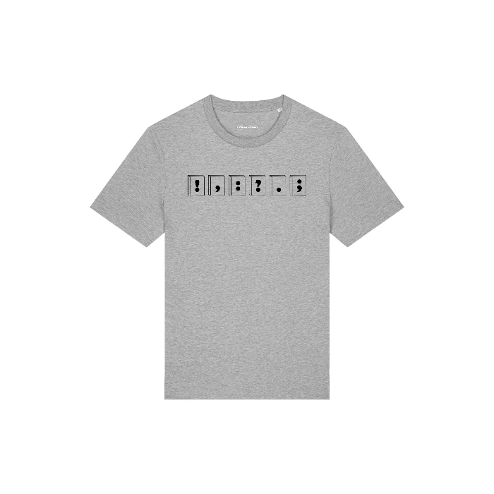 A STTU169 Stanley/Stella Creator 2.0 Heather Grey (C250) unisex t-shirt, crafted from organic cotton, featuring a printed Morse code sequence across the chest area.