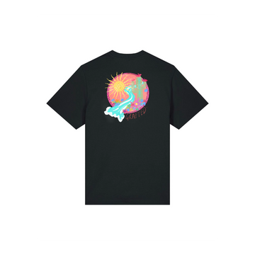 Black Stanley/Stella STTU171 Stanley/Stella Sparker 2.0 Black (C002) unisex heavy t-shirt featuring an abstract, colorful design of a sun, cloud, and landscape on the back, crafted from organic cotton with the word "GRAFTED" below the image.