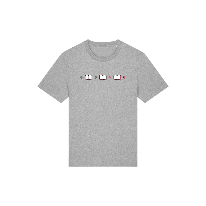 Grey unisex Stanley/Stella STTU169 Stanley/Stella Creator 2.0 Heather Grey (C250) with a minimalist design featuring alternating red hearts and open book icons across the chest, crafted from organic cotton single jersey for a comfortable fit.