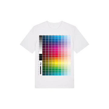 Organic Stanley/Stella Creator 2.0 White (C001) t-shirt with a colorful CMYK color chart graphic on the front.