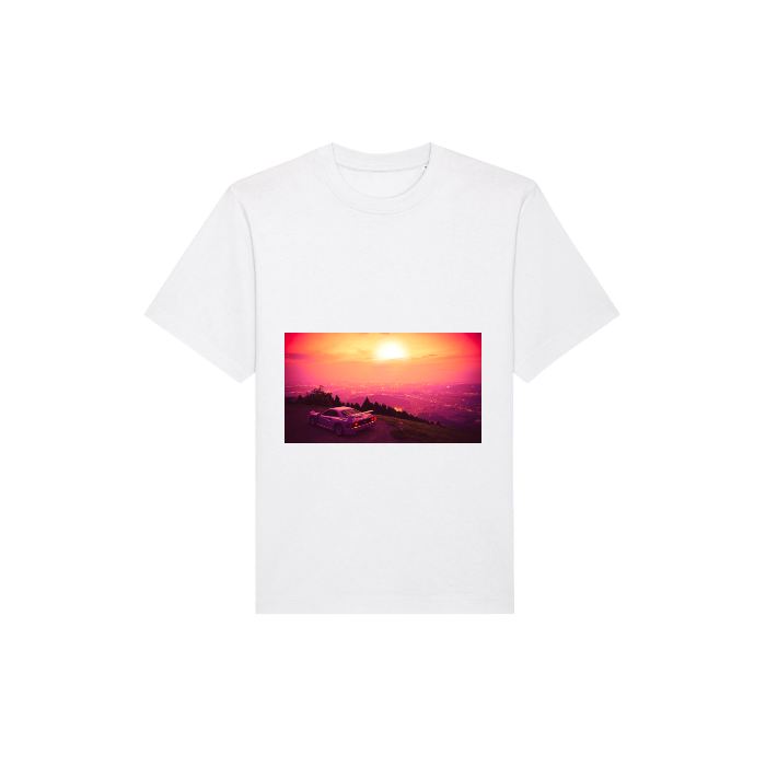 A white STTU788 Stanley/Stella Freestyler Heavy Organic Cotton Unisex T-shirt featuring an image of a sunset.