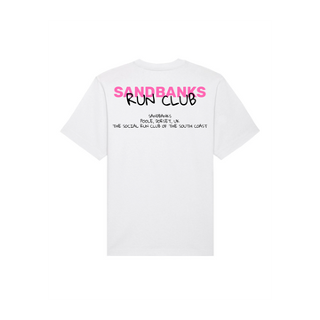 White Stanley/Stella Freestyler Heavy Organic Cotton Unisex T-shirt, featuring "sandbanks run club" in pink and black text, with a slogan underneath on the back.