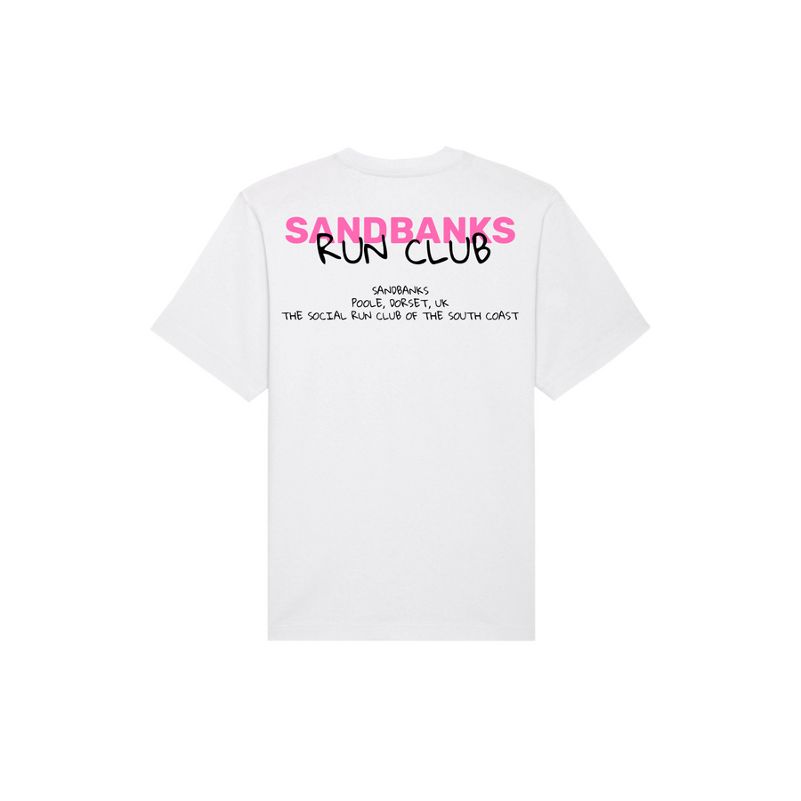 White Stanley/Stella Freestyler Heavy Organic Cotton Unisex T-shirt, featuring "sandbanks run club" in pink and black text, with a slogan underneath on the back.