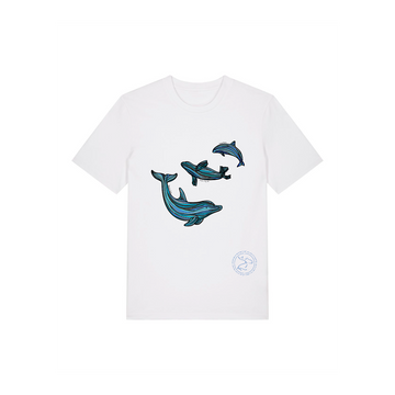 Unisex STTU169 Stanley/Stella Creator 2.0 White (C001) t-shirt with blue whale and dolphin graphic design.