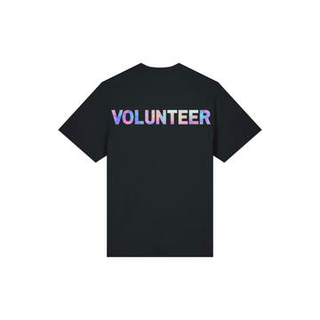 A Stanley/Stella STTU171 Stanley/Stella Sparker 2.0 Black (C002) unisex heavy T-shirt, featuring the word "VOLUNTEER" in iridescent letters across the back, crafted from 100% organic cotton.