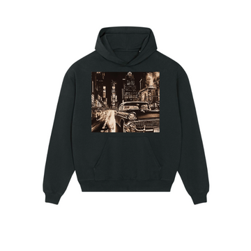 Unisex black hoodie with a vintage city print on the front made by Stanley/Stella.
