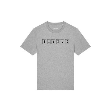 Gray single jersey **STTU169 Stanley/Stella Creator 2.0 Heather Grey (C250)** featuring black pixelated graphics of four side-facing human heads in different shapes and a question mark, crafted from soft organic cotton for a unisex fit.