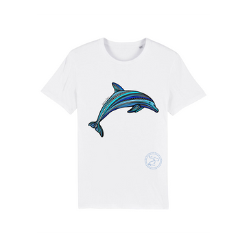 A Stanley/Stella white unisex T-shirt with a blue dolphin on it.