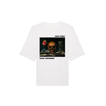 The Stanley/Stella STTU815 Blaster Oversized High Neck Organic Cotton Unisex T-Shirt made from organic cotton, featuring an image of a skull, tulip, and hourglass. The high neck t-shirt has "HATE TODAY" above and "GONE TOMORROW" below the graphic.