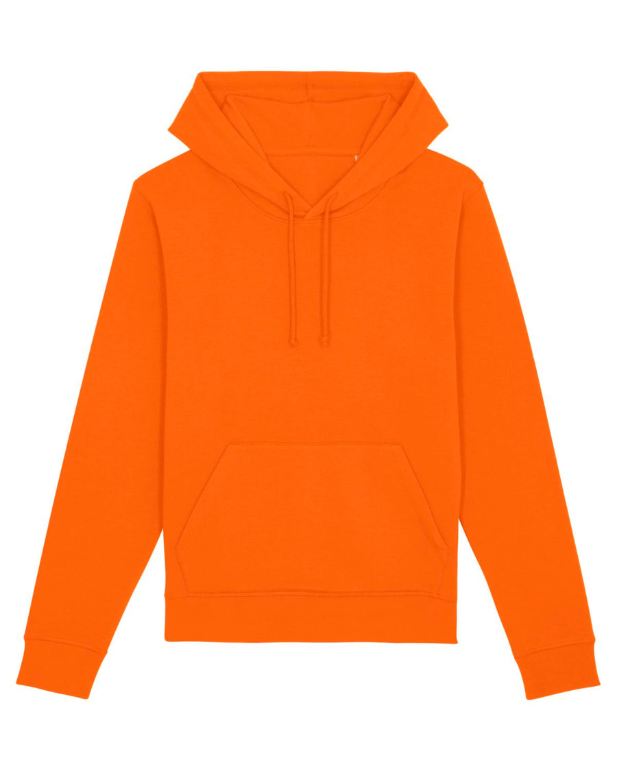 An STSU812 Stanley/Stella Drummer Hoodie Bright Orange (C013) made of recycled polyester on a white background.