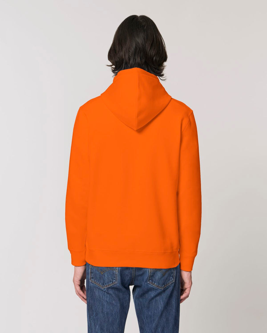 The back view of a man wearing a STSU812 Stanley/Stella Drummer Hoodie Bright Orange (C013).