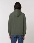 The back view of a man wearing a STSU812 Stanley/Stella Drummer Hoodie Khaki (C223) in green.
