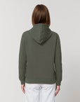 The back view of a woman wearing a green Stanley/Stella Drummer Hoodie Khaki (C223).
