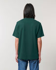 The back view of a man wearing a Stanley/Stella Freestyler Heavy Organic Cotton Unisex T-Shirt in green.