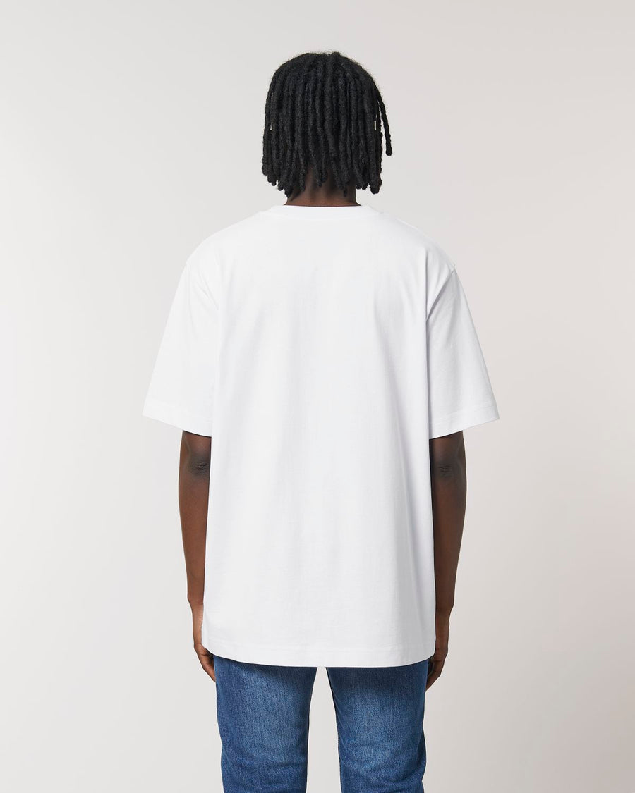 The back view of a man wearing a Stanley/Stella Freestyler Heavy Organic Cotton Unisex T-shirt.